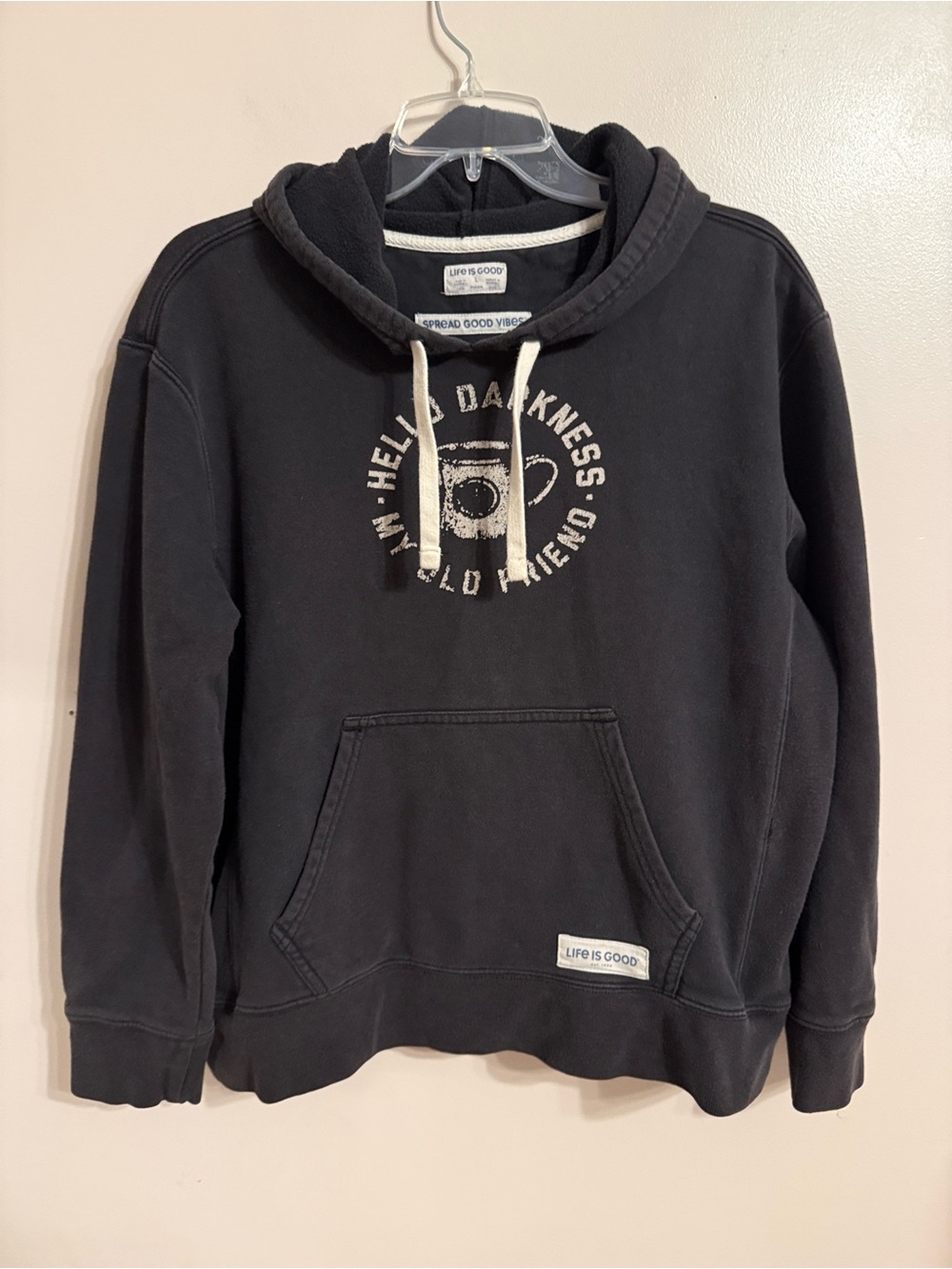 Life is Good "Hello Darkness My Old Friend" Hoodie Washed Black Women’s Sz Large - Picture 10 of 11